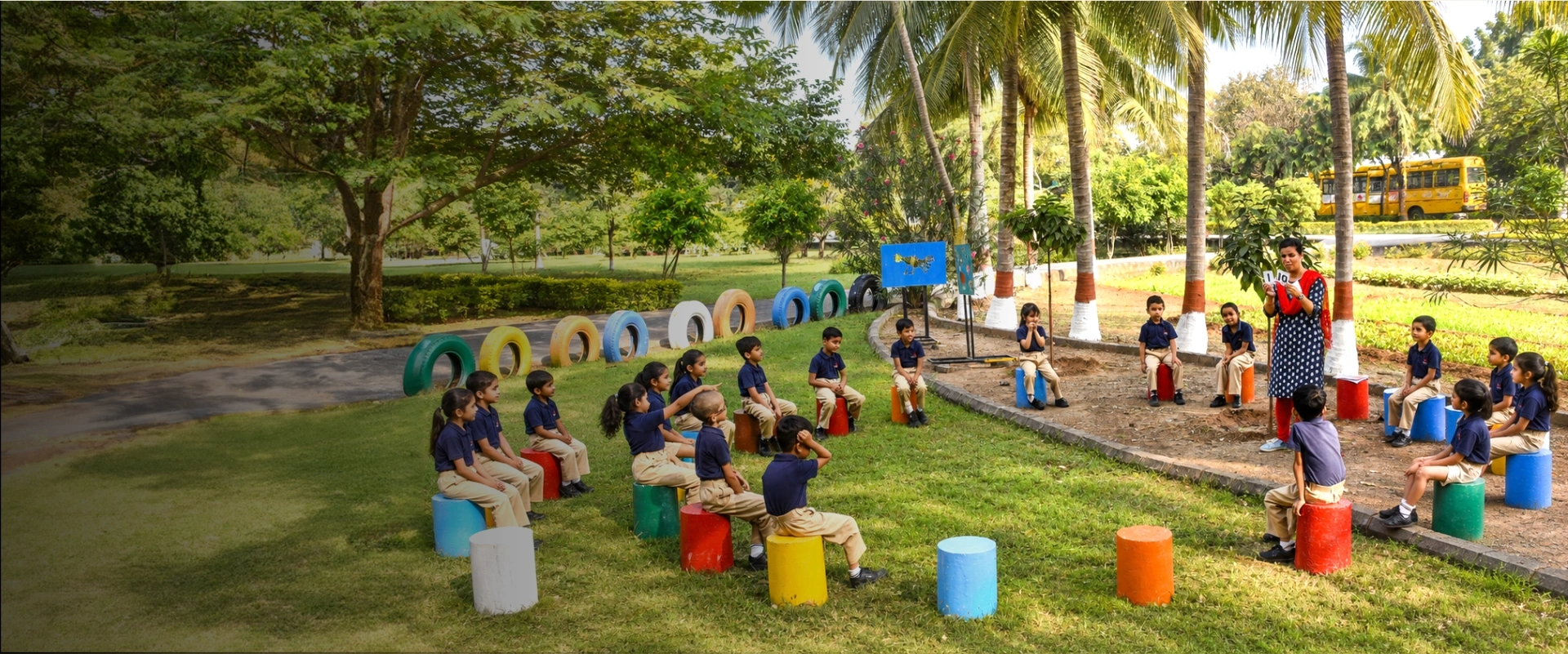 Primary students attending an outdoor learning class at Nalanda ICSE School Vadodara